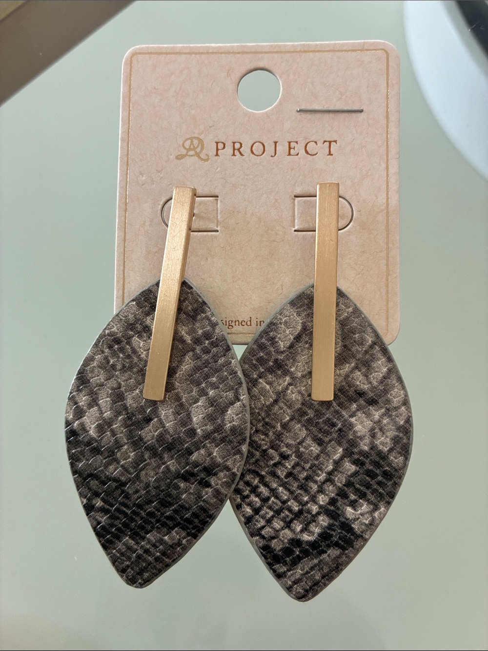 PROJECT Gold Bar & Gray Snakeskin Teardrop Earrings